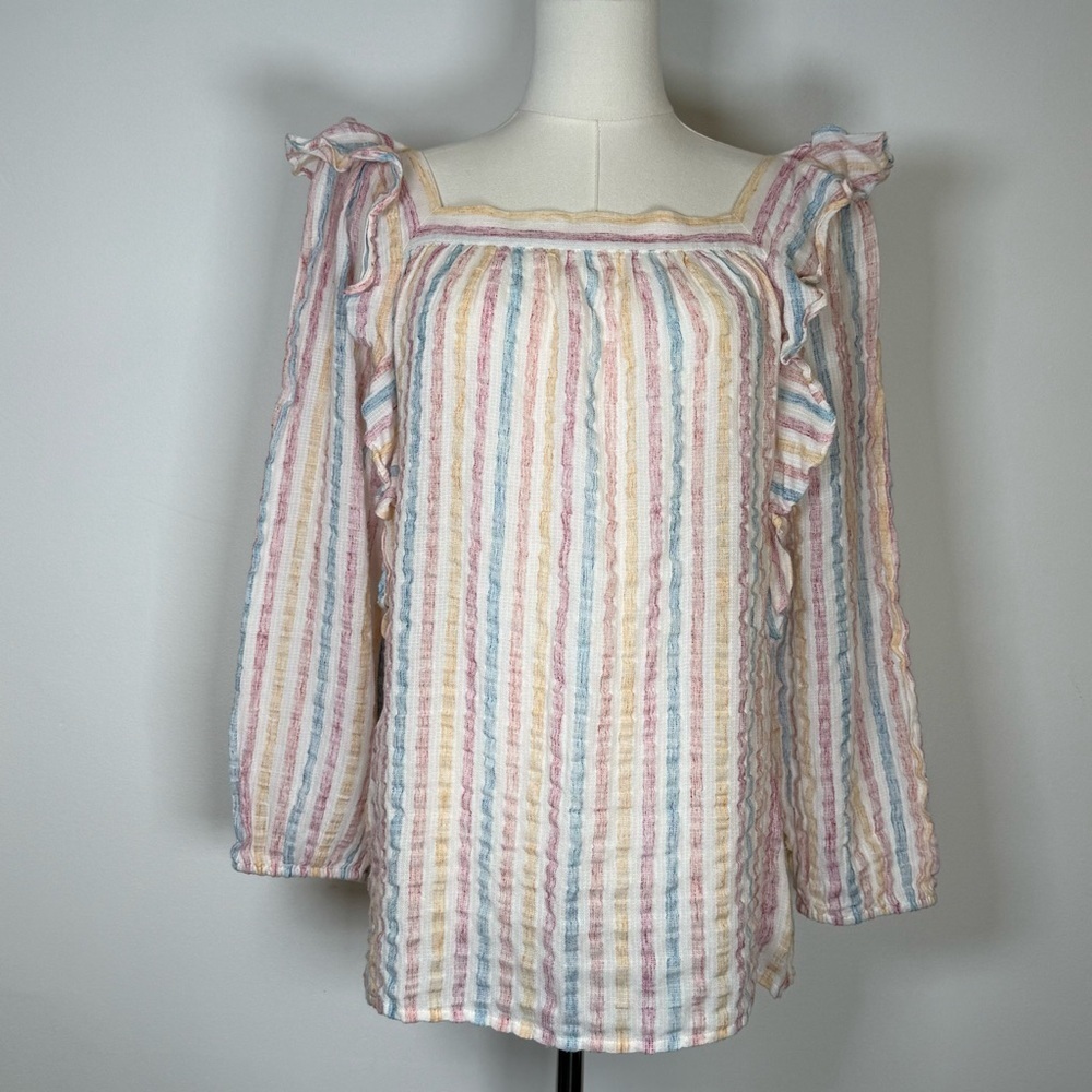 CHAPS Square Neck Striped Peasant Blouse Cotton Linen Blend Women’s Size Medium
